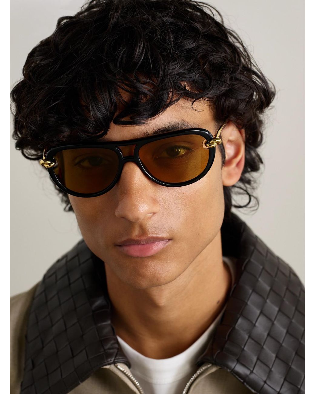 Bottega Veneta Black Double-Bridge Aviator-Style Acetate And-Tone Metal Sunglasses for men