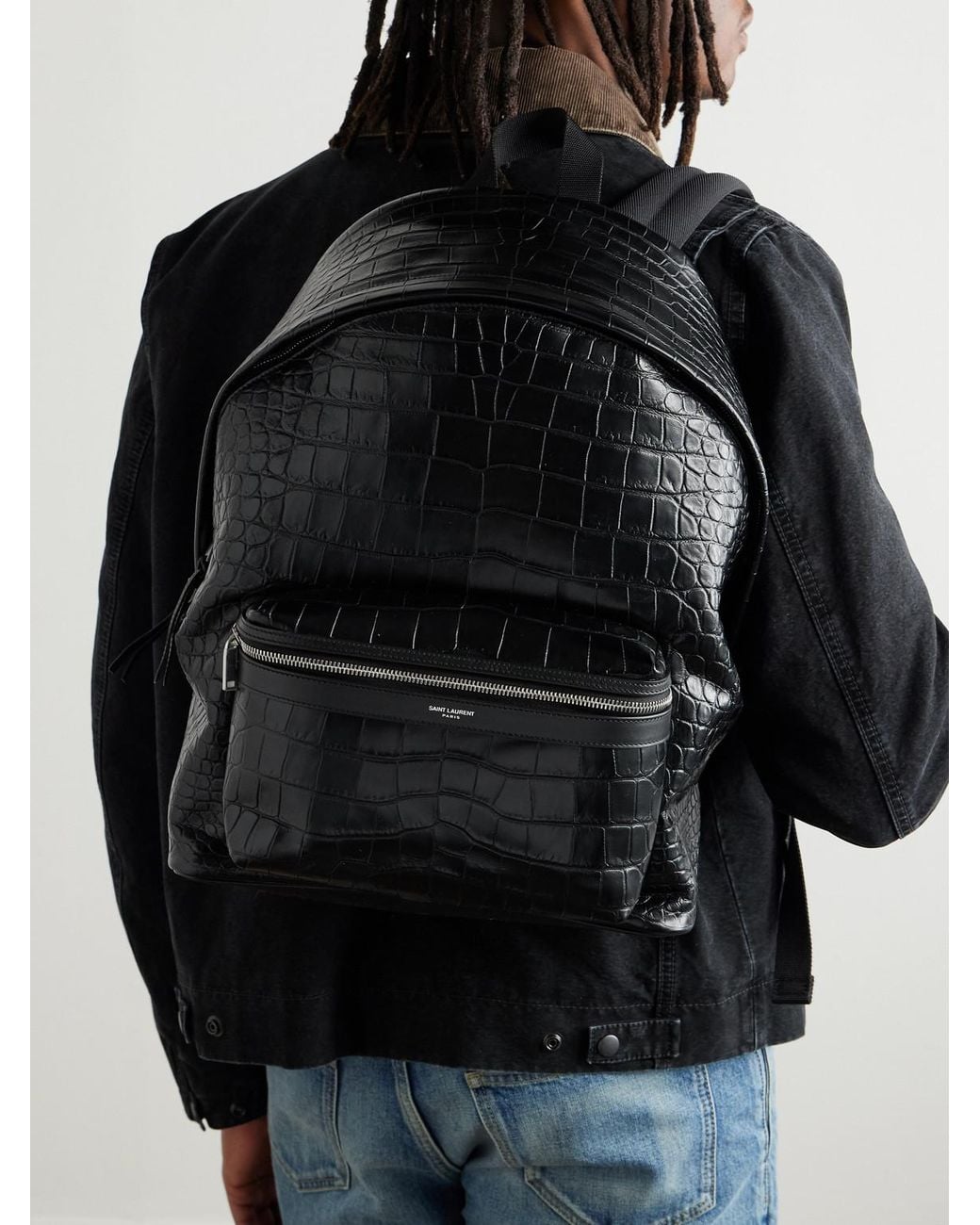 Saint Laurent Black City Croc-Effect Glossed-Leather Backpack for men