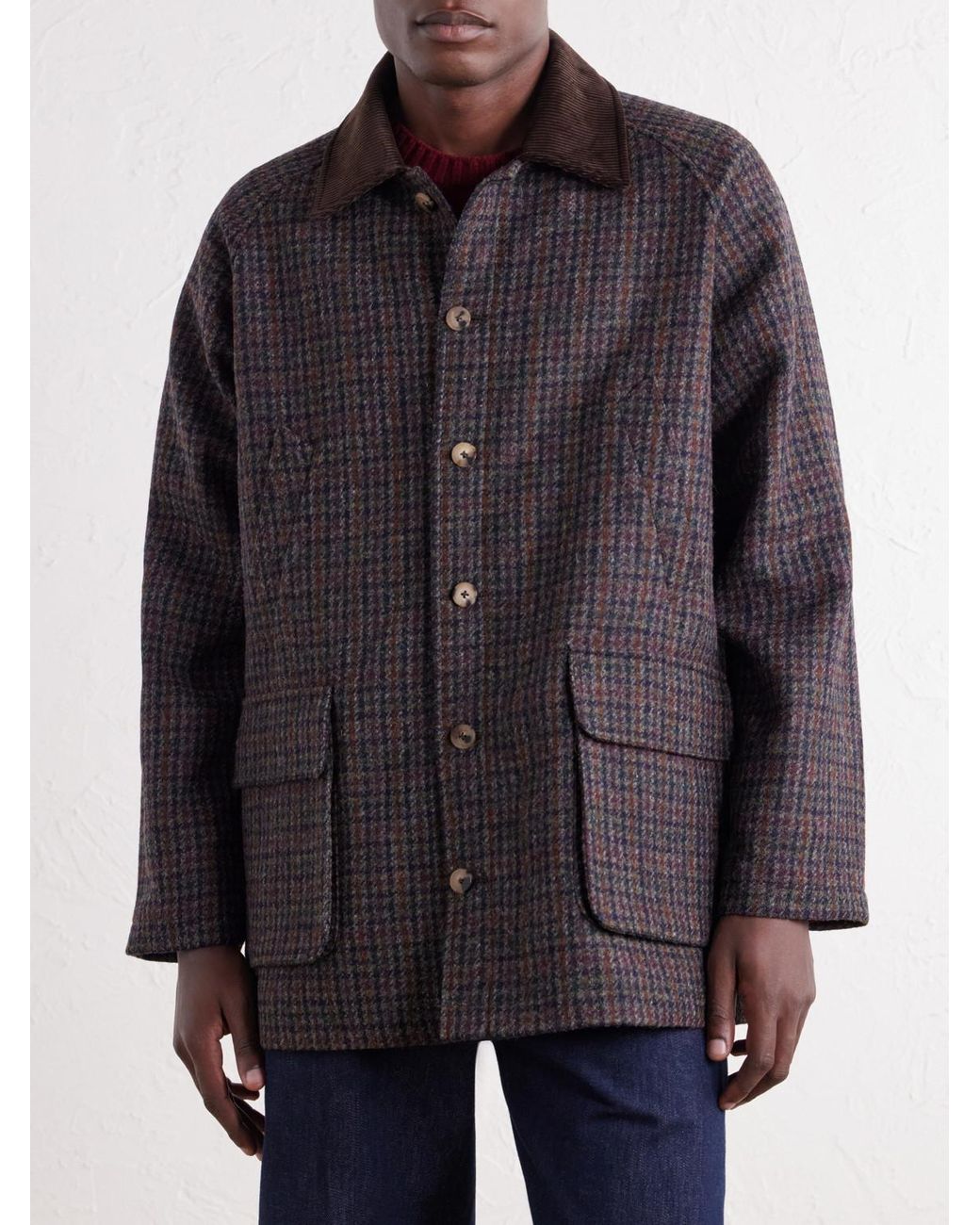 De Bonne Facture Black Checked Corduroy-Trimmed Wool-Tweed Jacket for men