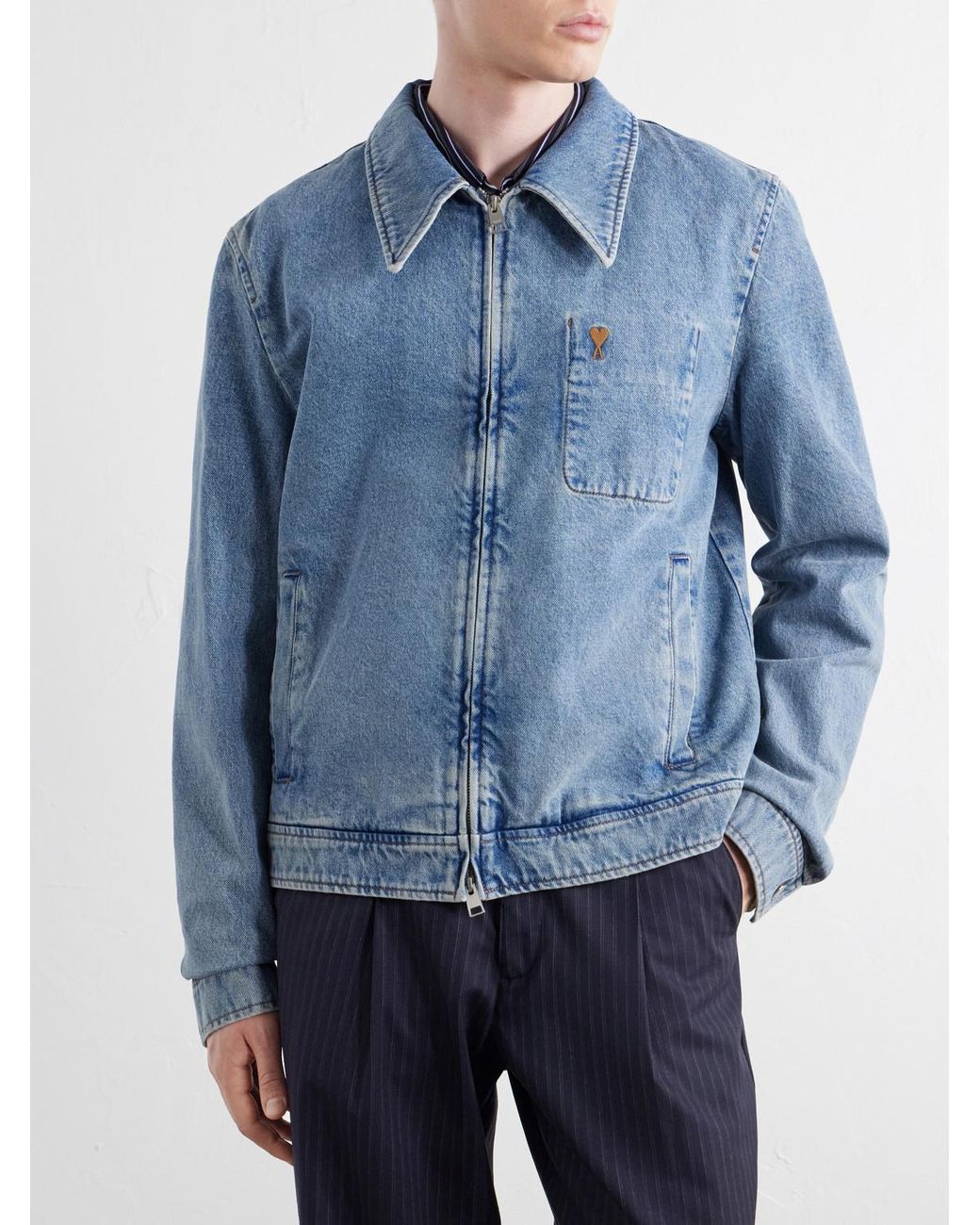 AMI Blue Logo-Embroidered Washed-Denim Jacket for men