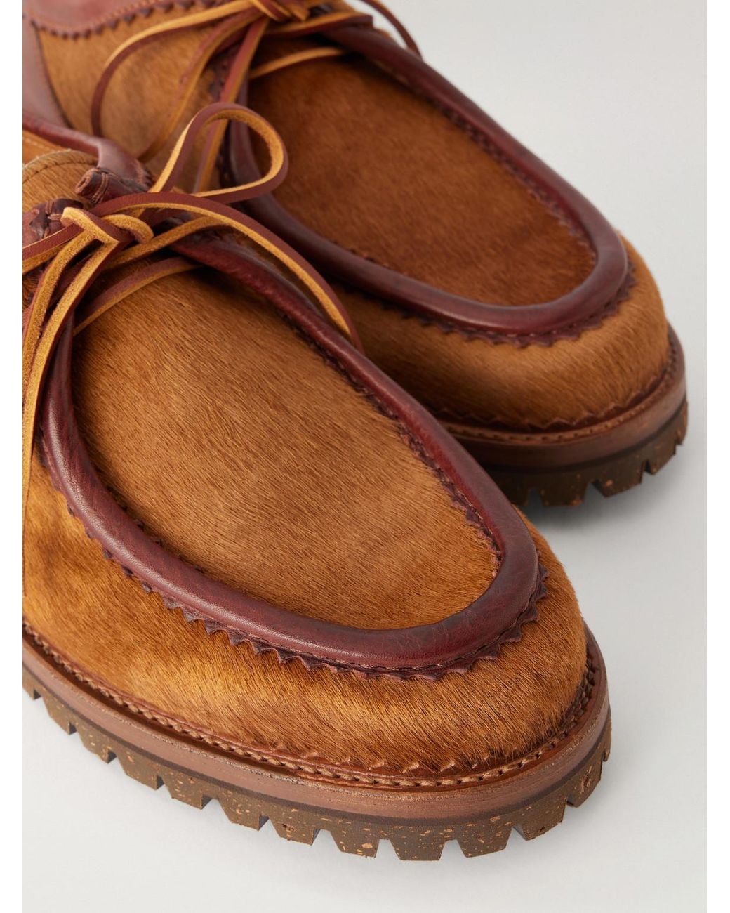 Yuketen Brown Sibillini Tyrolean Leather-Trimmed Calf Hair Derby Shoes for men