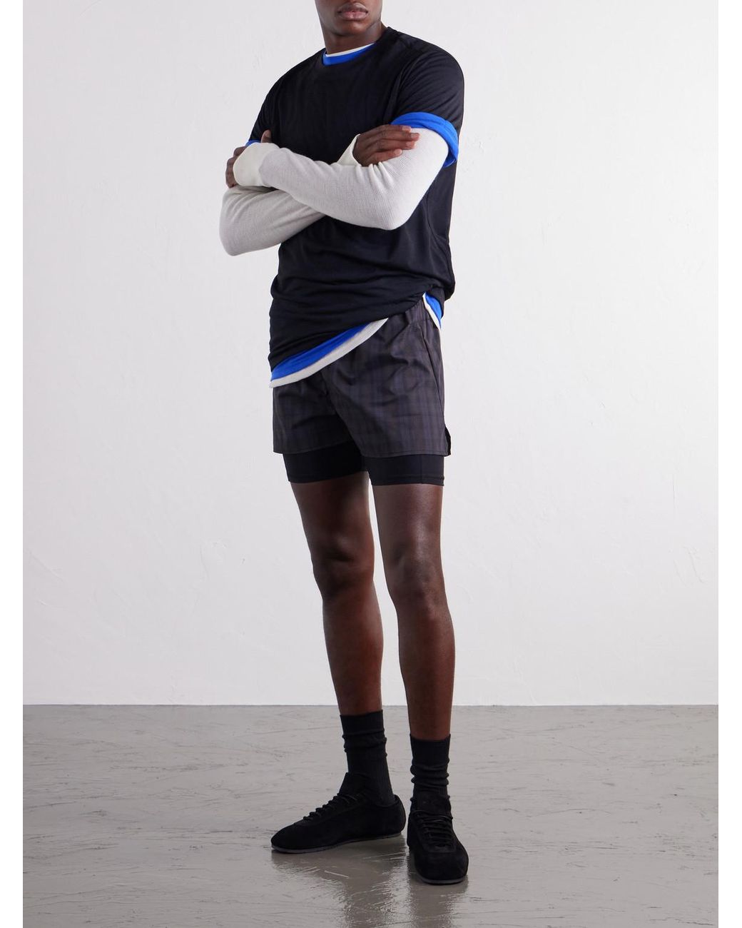 Literary Sport Blue Myles Layered Checked Shell And Stretch-Jersey Running Shorts for men
