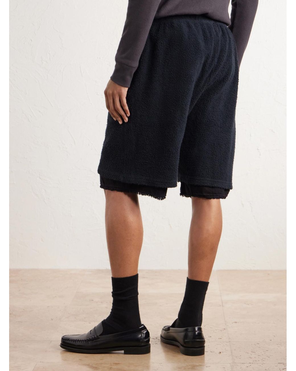 Les Tien Blue Straight-Leg Cotton-Fleece Drawstring Shorts for men