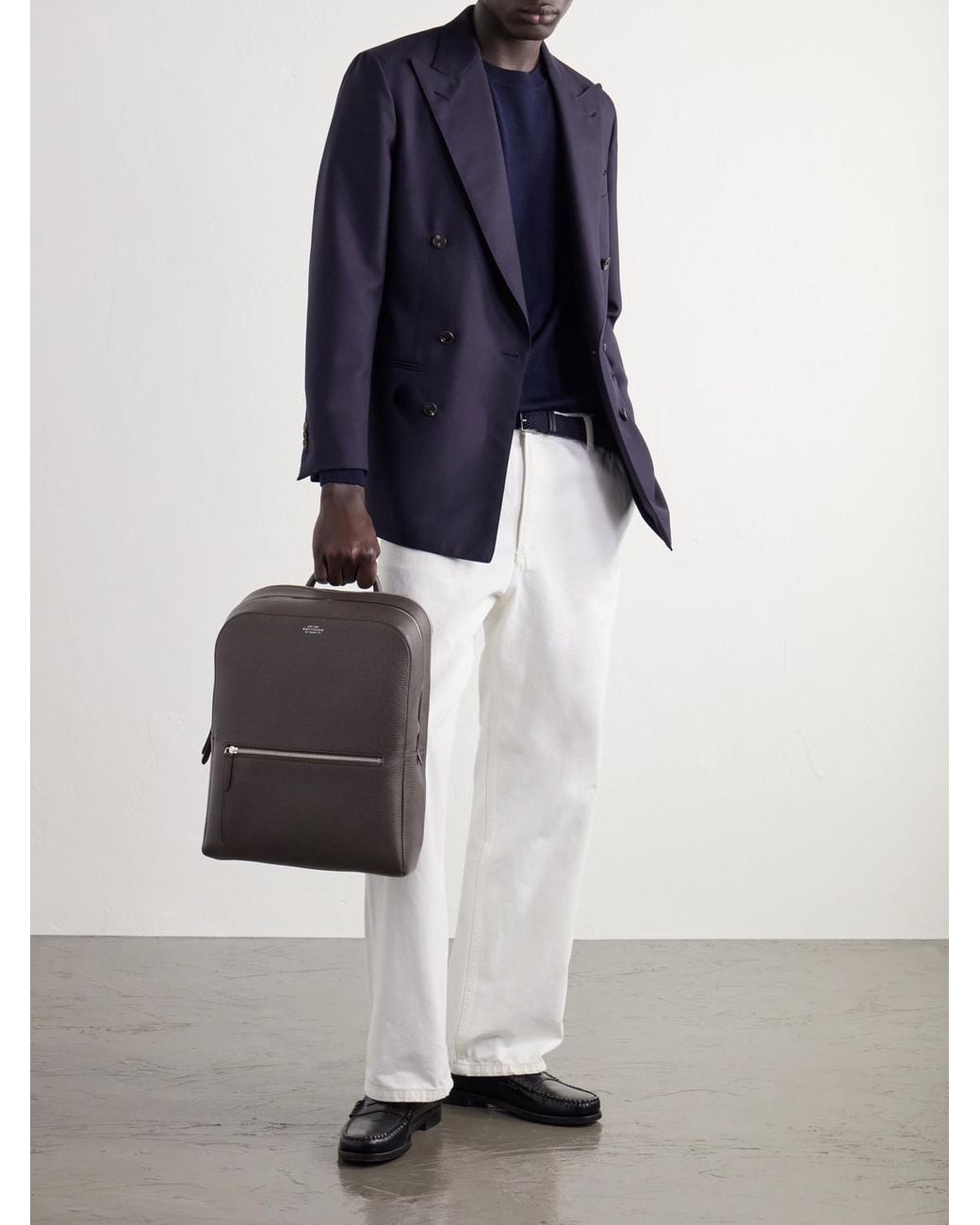 Smythson Gray Full-Grain Leather Backpack for men