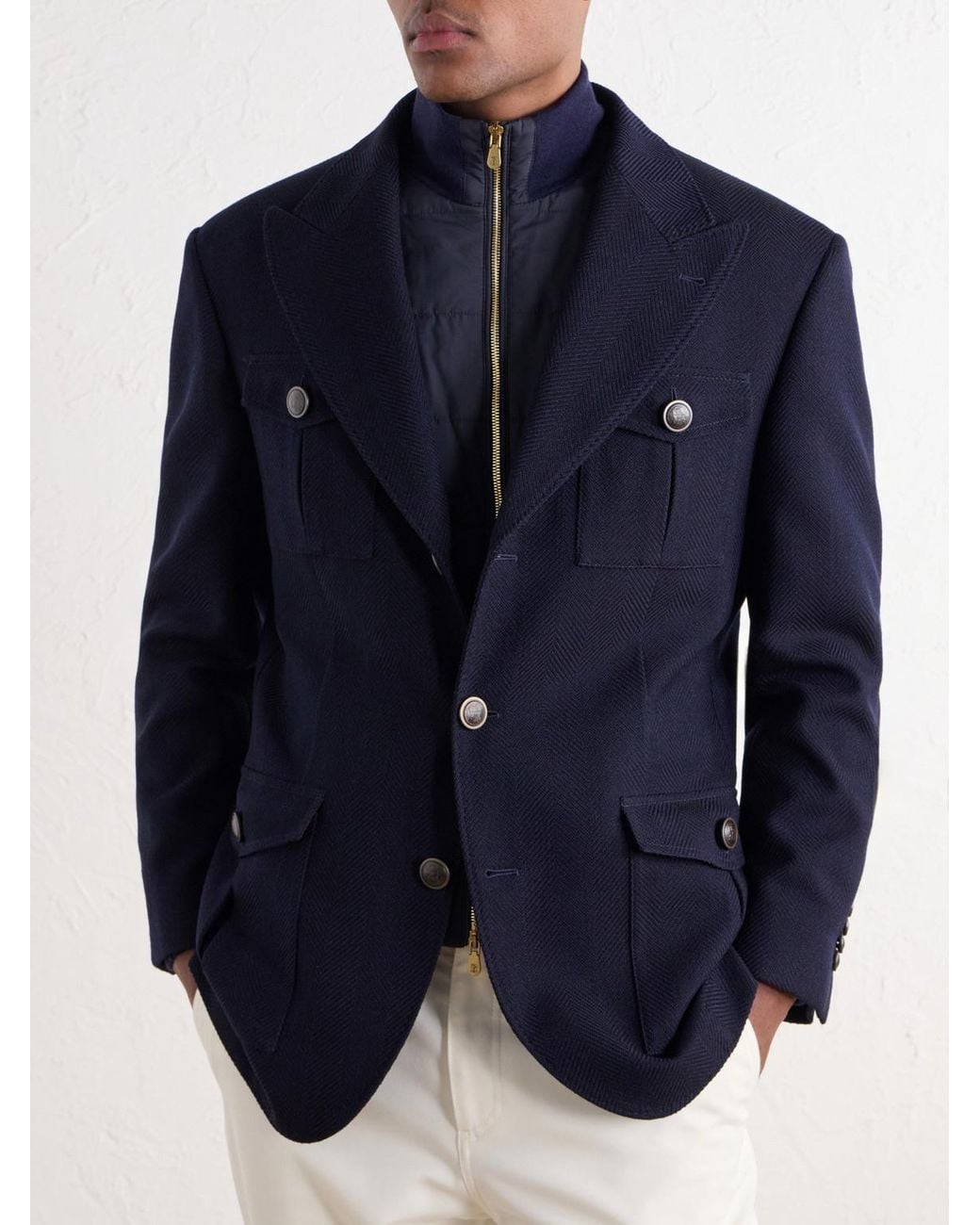 Brunello Cucinelli Blue Herringbone Wool And Cotton-Blend Twill Jacket With Detachable Shell Liner for men