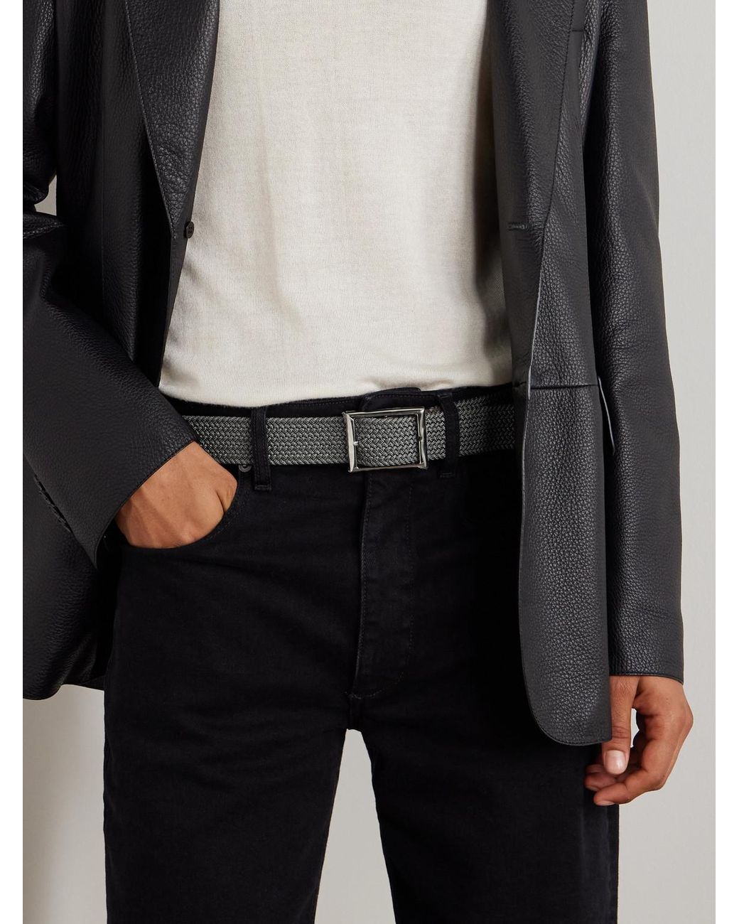 Berluti Gray 3.5Cm Leather-Trimmed Woven Elastic Belt for men