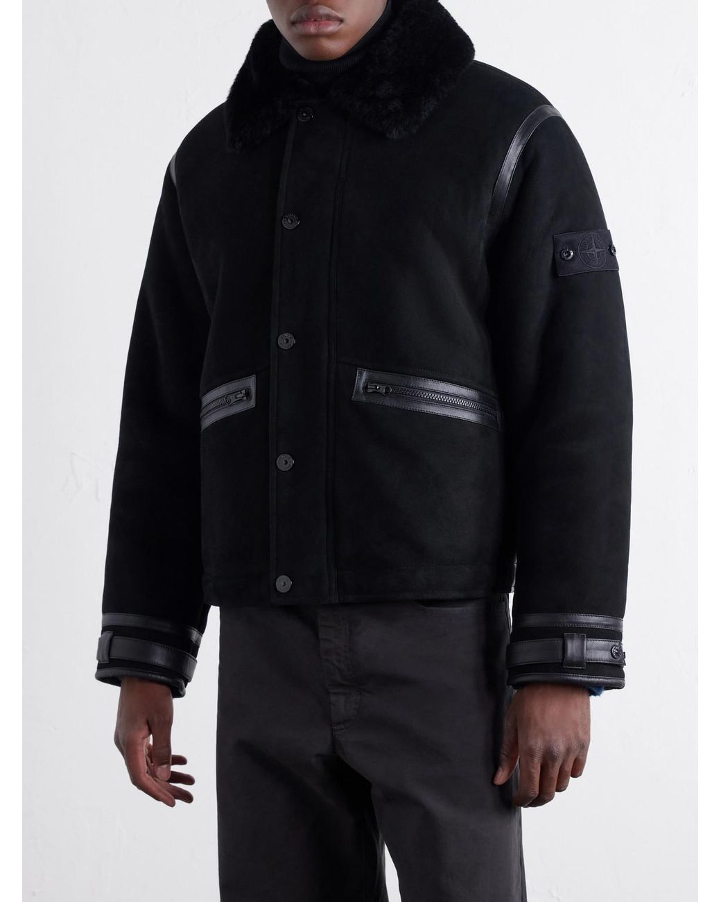 Stone Island Black Ghost Leather And Shearling-Trimmed Suede Jacket for men