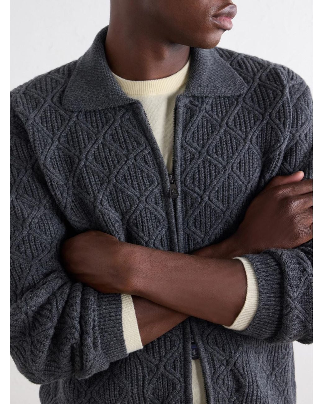 Piacenza 1733 Gray Cable-Knit Virgin Wool Zip-Up Sweater for men