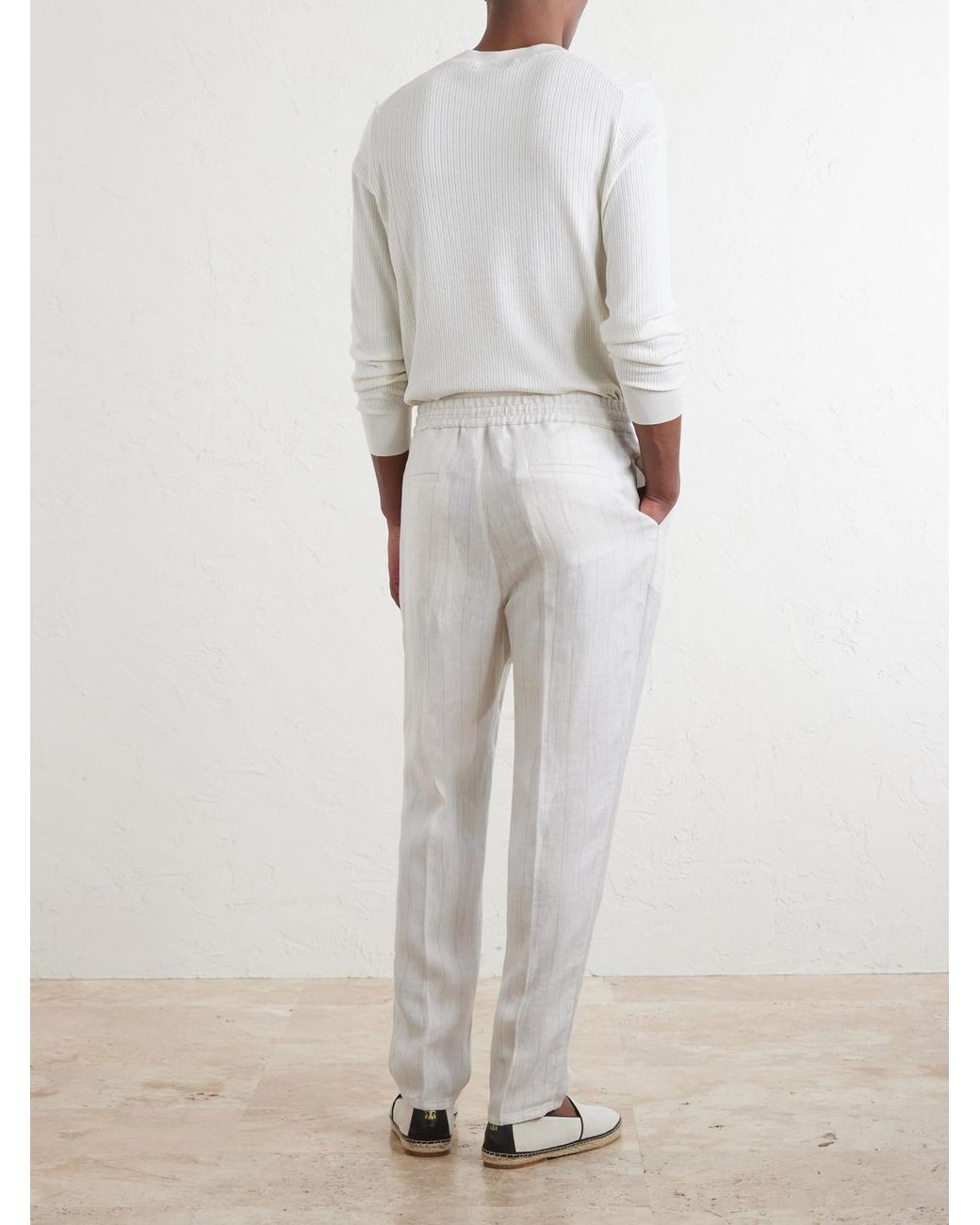 Brunello Cucinelli White Straight-Leg Pinstriped Pleated Linen Trousers for men