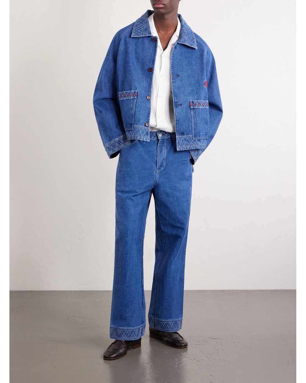 Embroidered Merino Wool-Blend Denim Jacket di Bode in Blue da Uomo