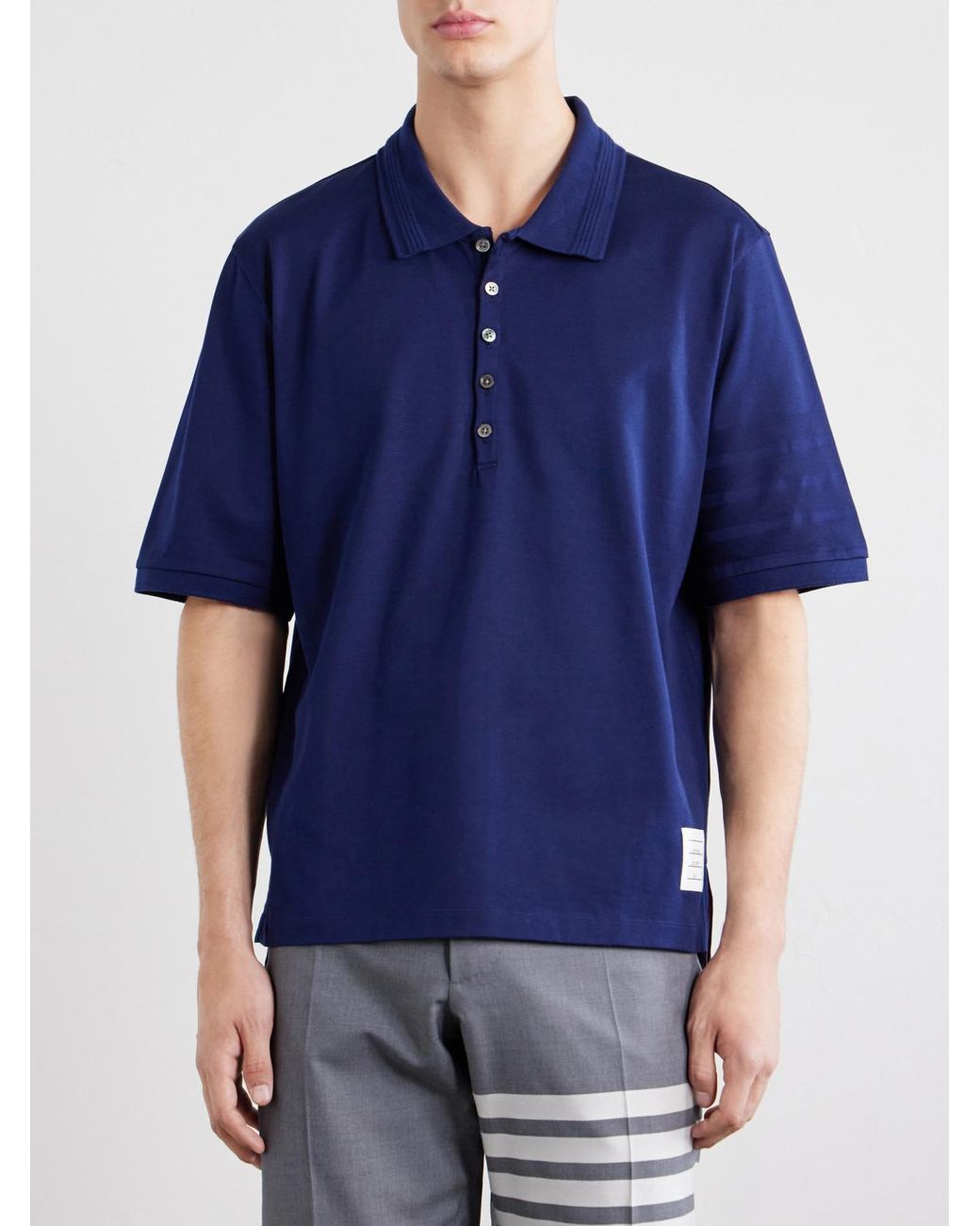 Thom Browne Blue Striped Logo-Appliqué Cotton-Jersey Polo Shirt for men