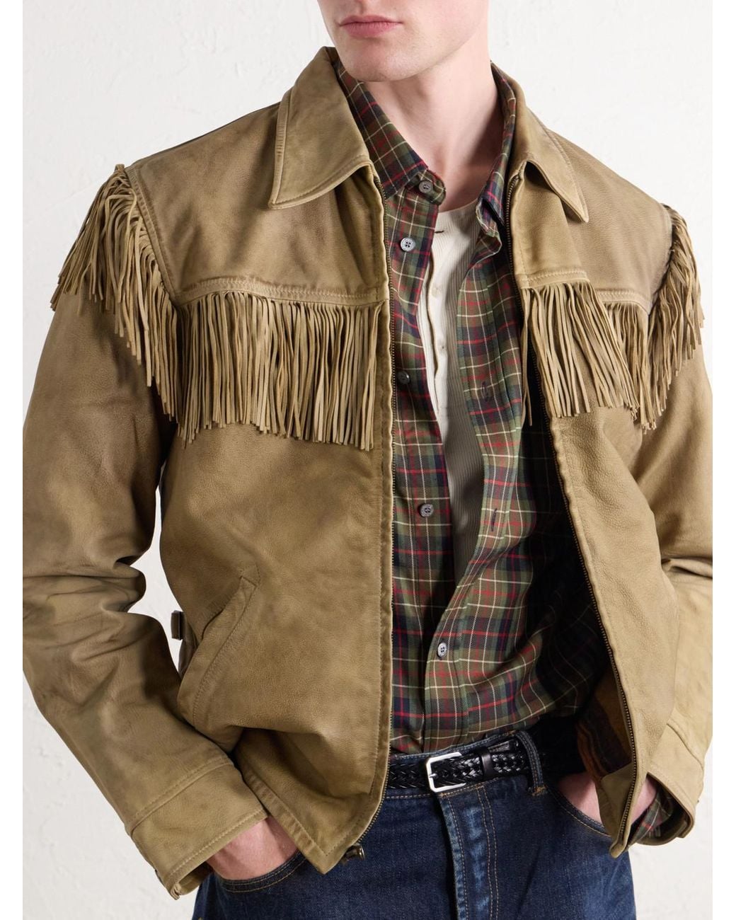 RRL Natural Elkhorn Fringed Suede-Trimmed Leather Jacket for men