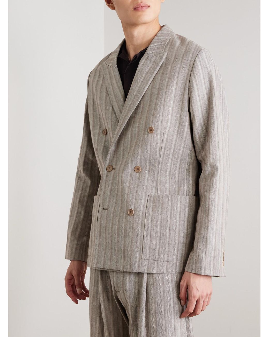 NN07 Natural Jordin 10058 Double-Breasted Striped Cotton-Blend Herringbone Suit Jacket for men
