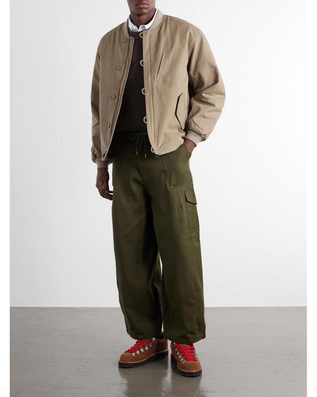 FRIZMWORKS Green Wide-Leg Cotton-Twill Drawstring Cargo Trousers for men