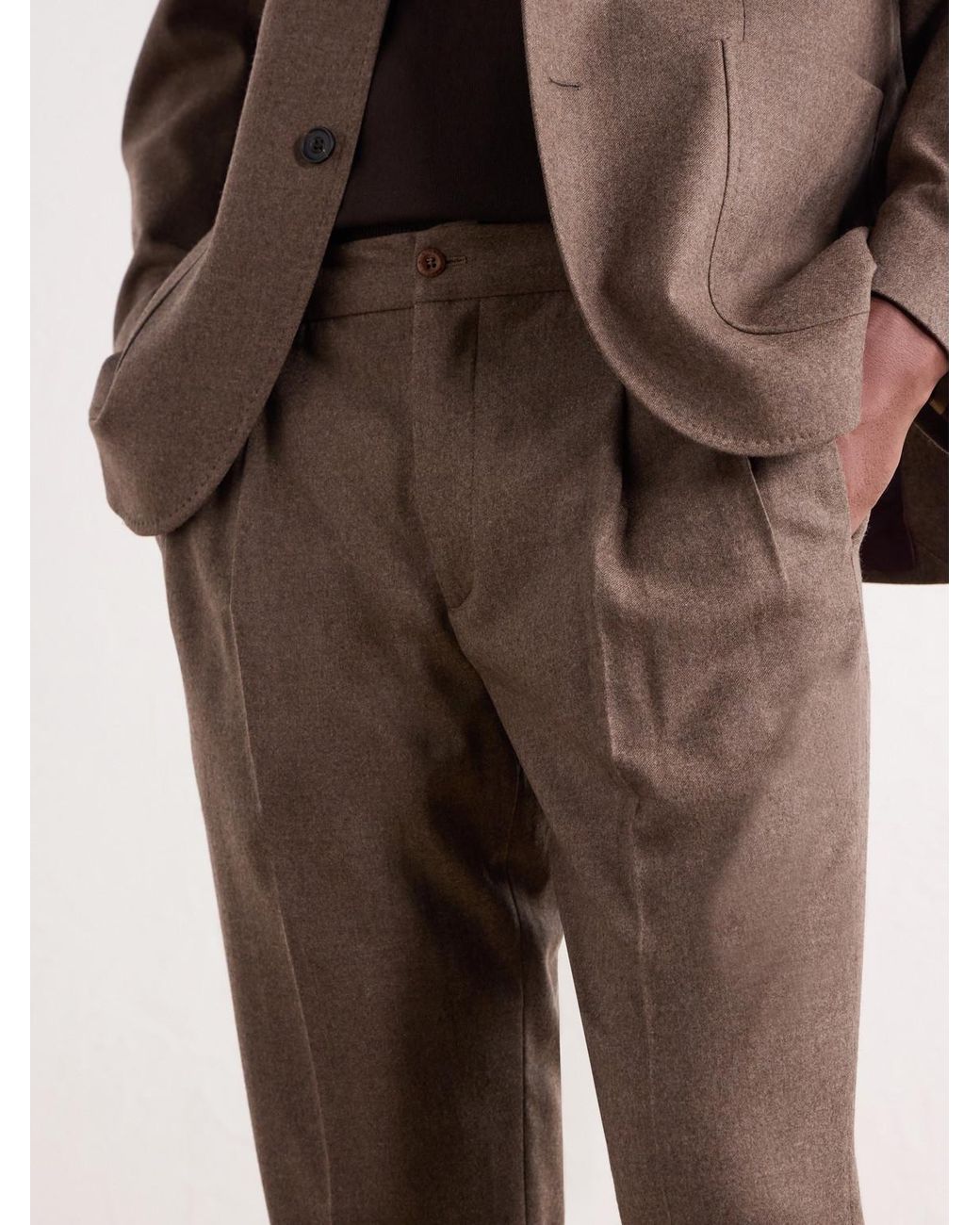 Rubinacci Brown Convertible Tapered Drawstring Virgin Wool-Flannel Trousers for men