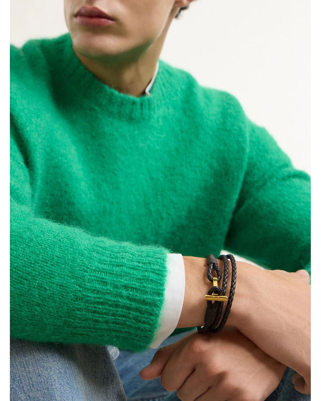 Tom Ford Brown Braided Leather And-Plated Wrap Bracelet for men