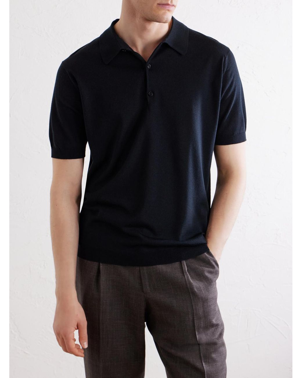 John Smedley Black Macloud Knitted Merino Wool Polo Shirt for men