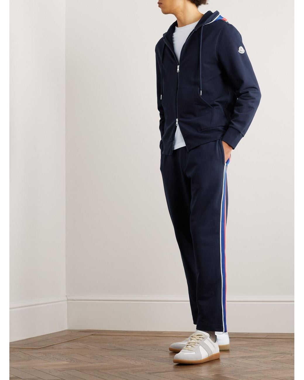 Moncler Blue Tapered Webbing-Trimmed Stretch-Cotton Jersey Sweatpants for men
