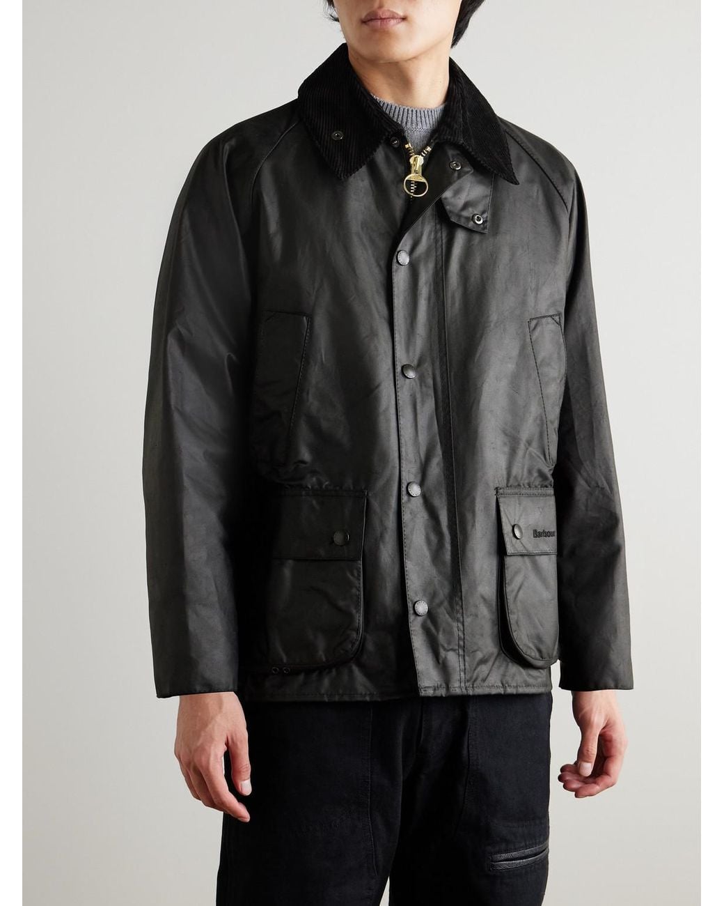 Bedale Corduroy-Trimmed Waxed-Cotton Jacket di Barbour in Black da Uomo