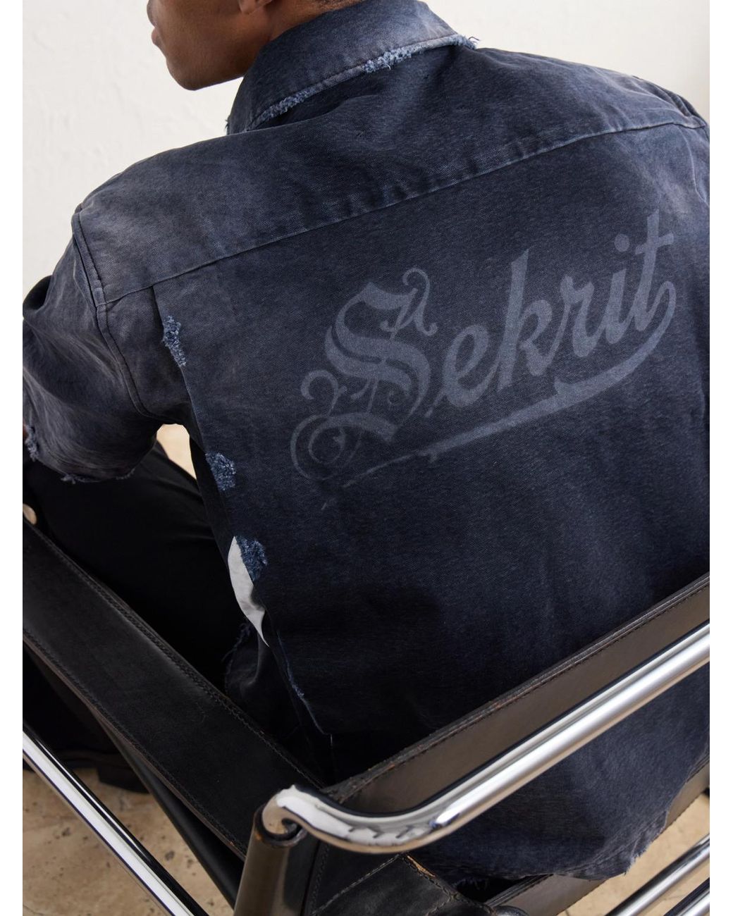 SEKRIT Blue The 1% M.C. Logo-Detailed Distressed Denim Shirt for men