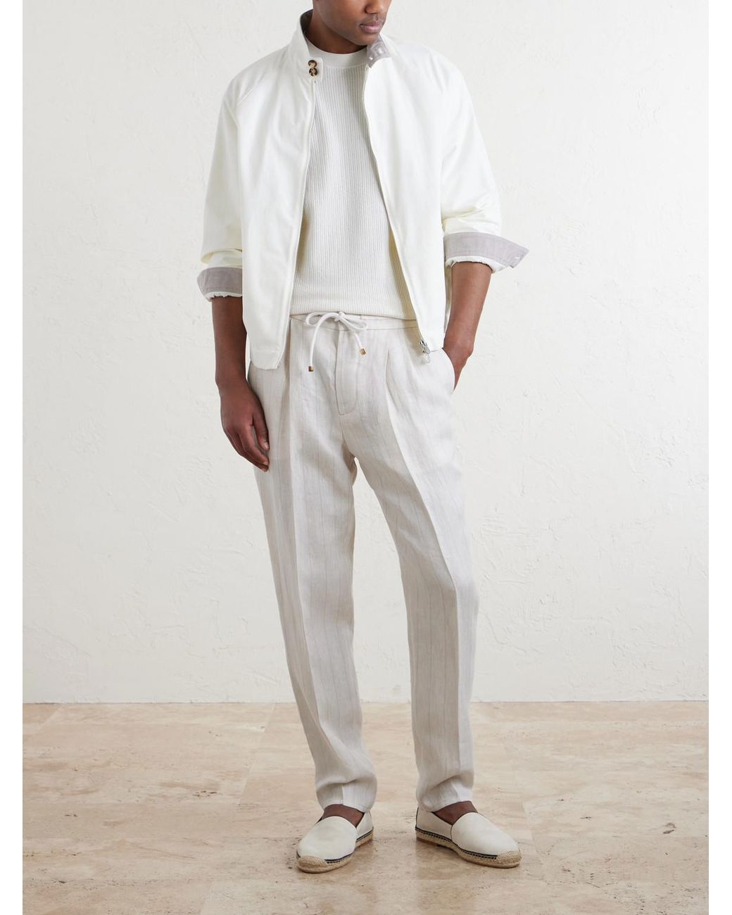Brunello Cucinelli White Straight-Leg Pinstriped Pleated Linen Trousers for men