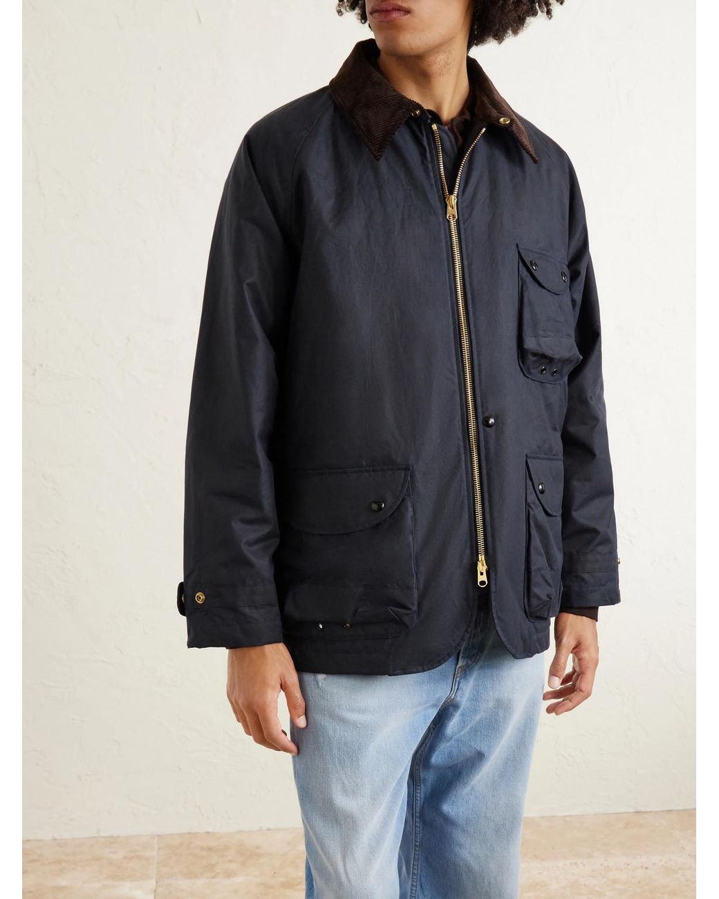 Drake's Blue Padded Corduroy-trimmed Waxed-cotton Jacket for men