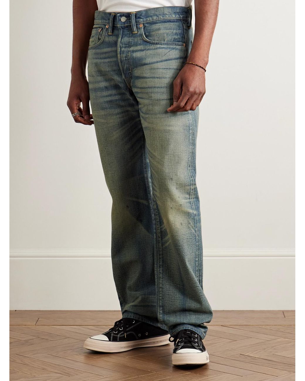 RRL Blue Straight-leg Distressed Jeans for men