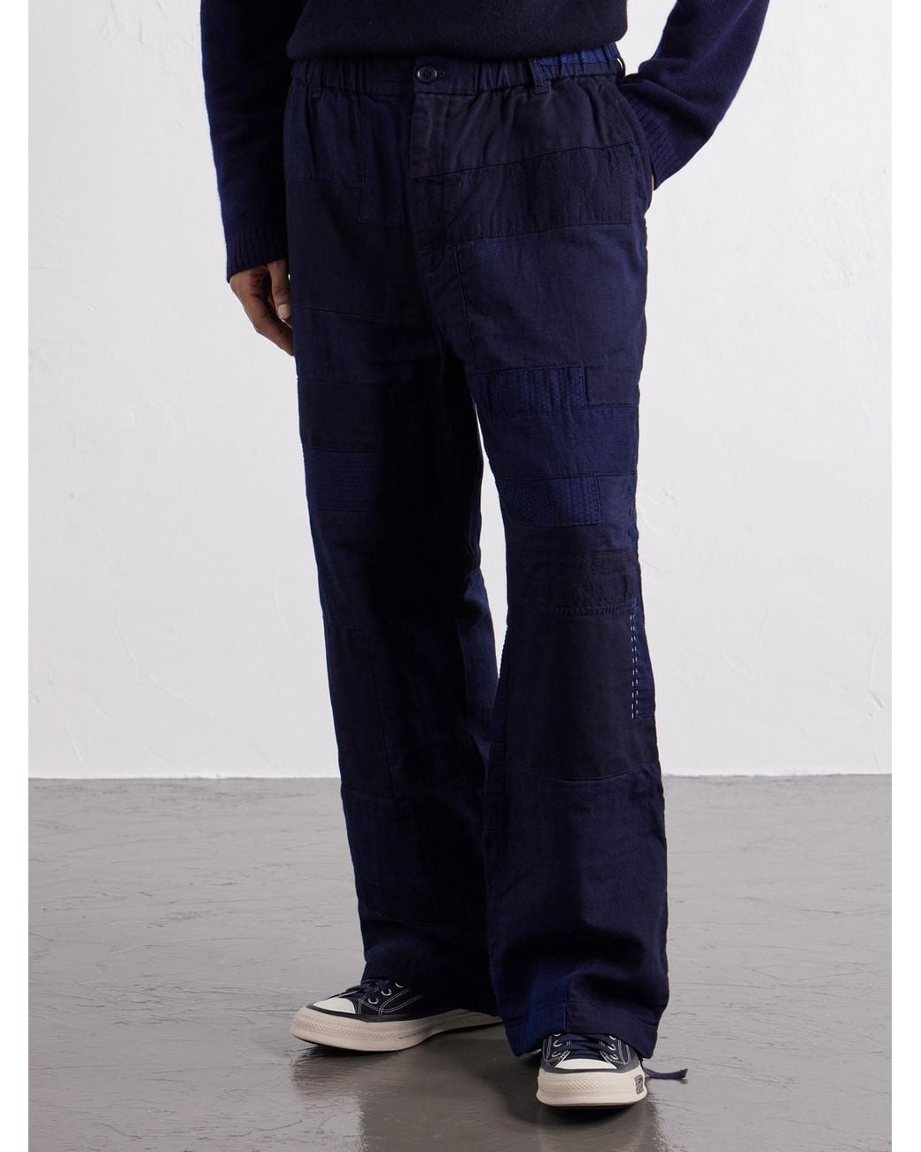 Blue Blue Japan Blue Nenrin Wide-Leg Drawstring Patchwork Cotton-Sashiko Trousers for men