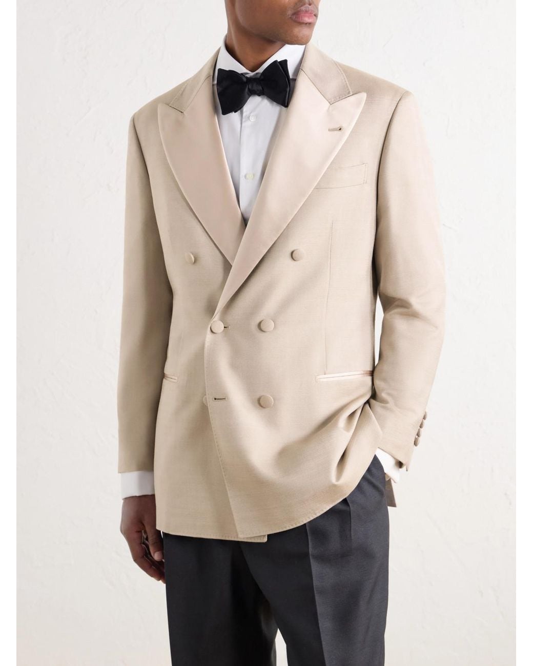 Brunello Cucinelli Natural Satin-Trimmed Double-Breasted Silk-Twill Tuxedo Jacket for men