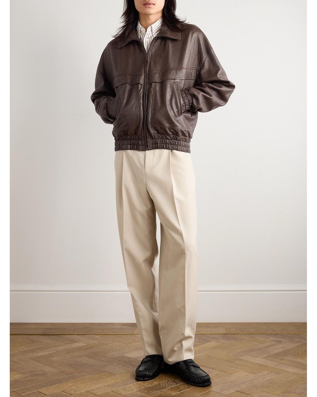 Saint Laurent Brown Leather Bomber Jacket for men