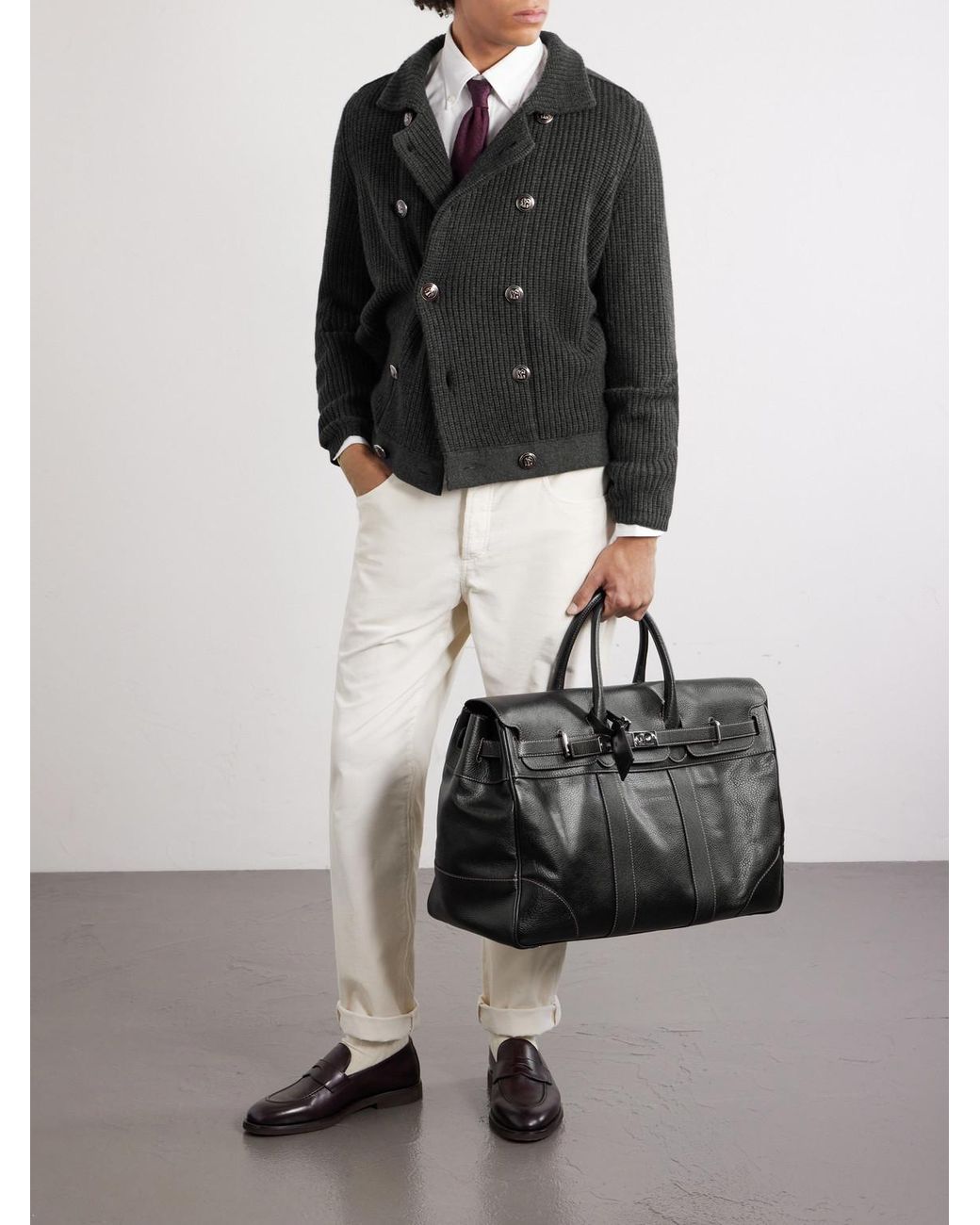 Brunello Cucinelli Black Panelled Full-grain Leather Weekend Bag for men