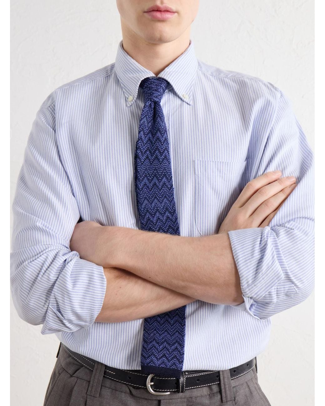 Missoni Blue Striped Crochet-Knit Wool And Silk-Blend Tie for men