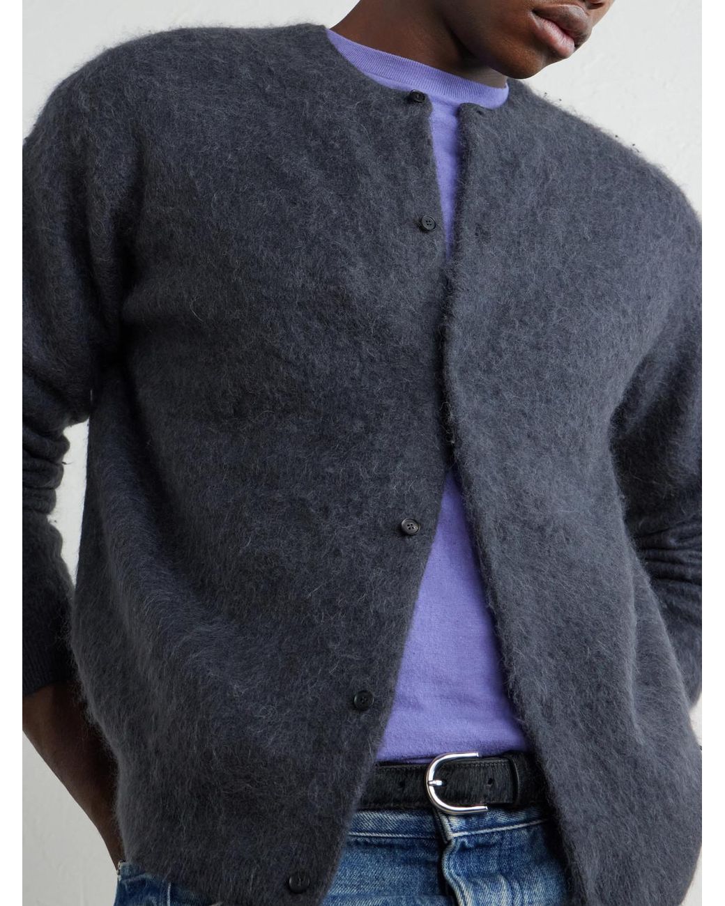 Auralee Blue Garment-Dyed Alpaca Cardigan for men