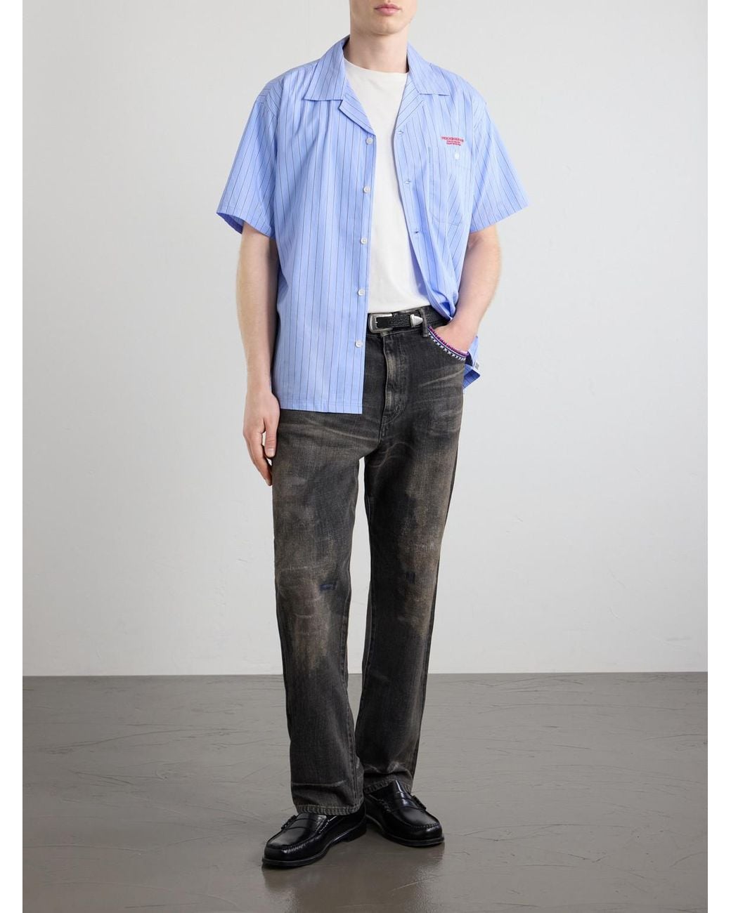 Neighborhood Blue Camp-Collar Logo-Embroidered Striped Cotton Shirt for men