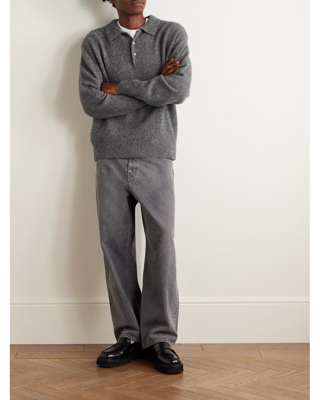 A.PRESSE Gray Brushed-Cashmere Polo Shirt for men