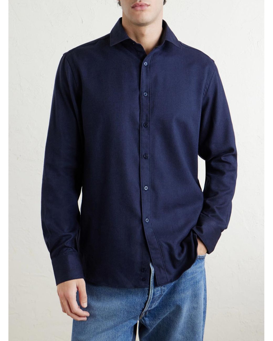 Canali Blue Herringbone Cotton And Lyocell-Blend Shirt for men
