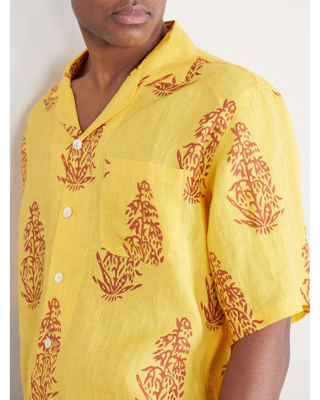 Kartik Research Yellow Camp-Collar Printed Linen Shirt for men