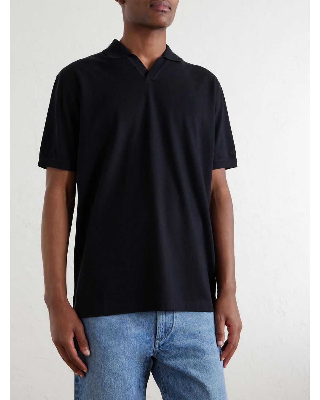 Ralph Lauren Black Cotton And Cashmere-Blend Piqué Polo Shirt for men