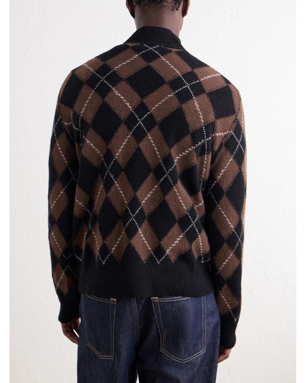 AMI Black Logo-Appliquéd Argyle Intarsia-Knit Virgin Wool Half-Zip Sweater for men