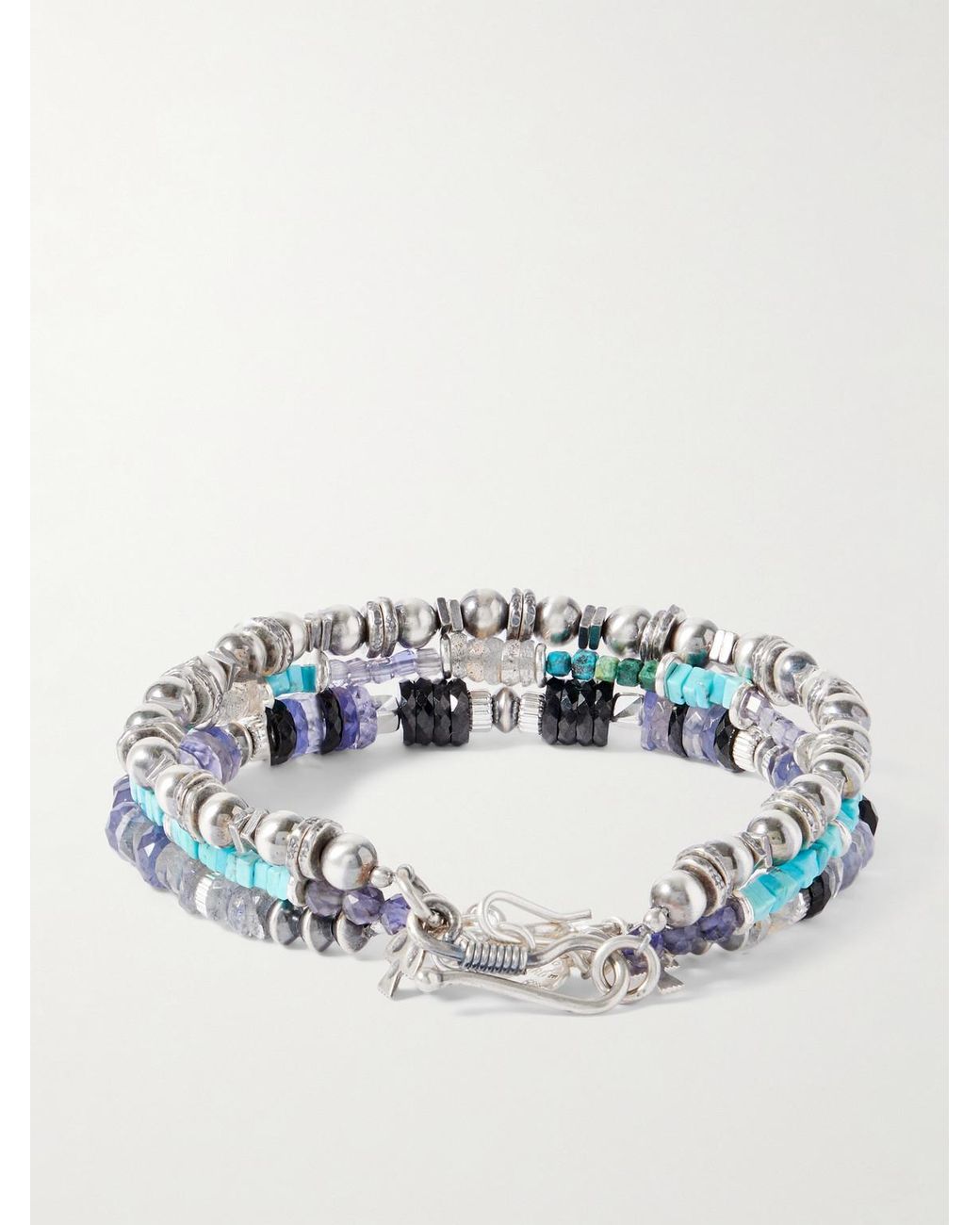 Peyote Bird Blue Set Of Three Sterling Silver Multi-stone Beaded Bracelets for men