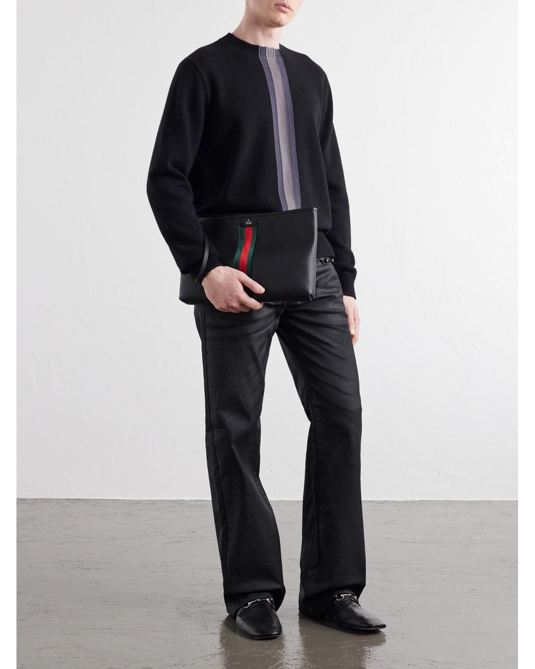 Gucci Black Alba Web-Trimmed Full-Grained Leather Pouch for men