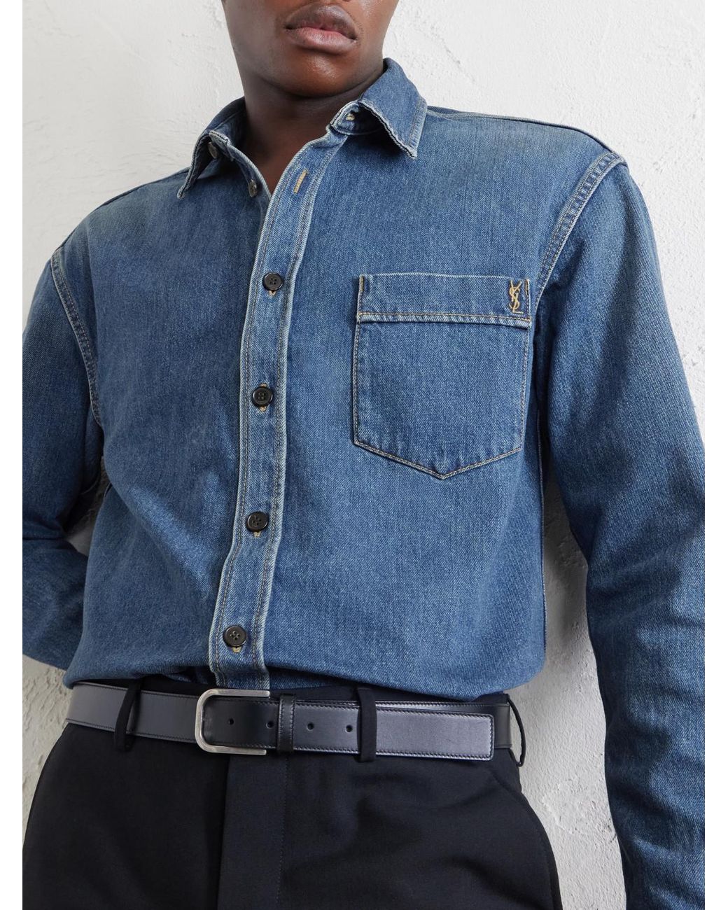 Saint Laurent Blue Logo-Embroidered Denim Shirt for men