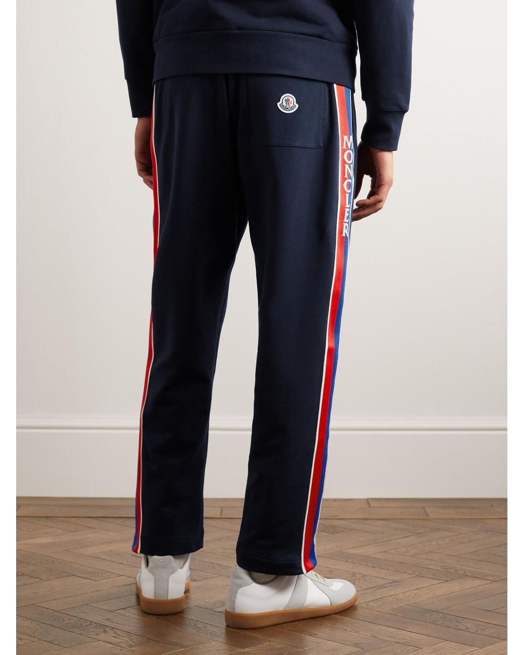 Moncler Blue Tapered Webbing-Trimmed Stretch-Cotton Jersey Sweatpants for men