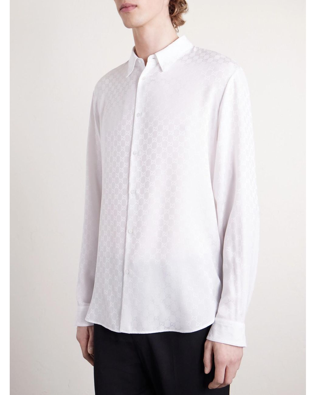 Gucci White Classic-Collar Logo-Jacquard Silk Shirt for men
