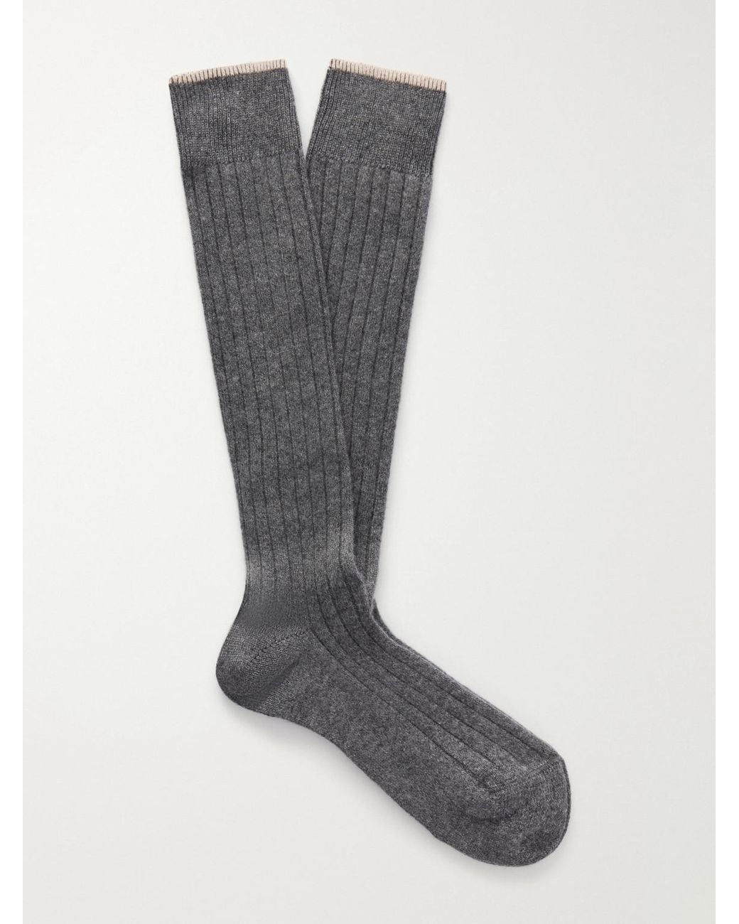Brunello Cucinelli Gray Ribbed Cashmere Socks for men