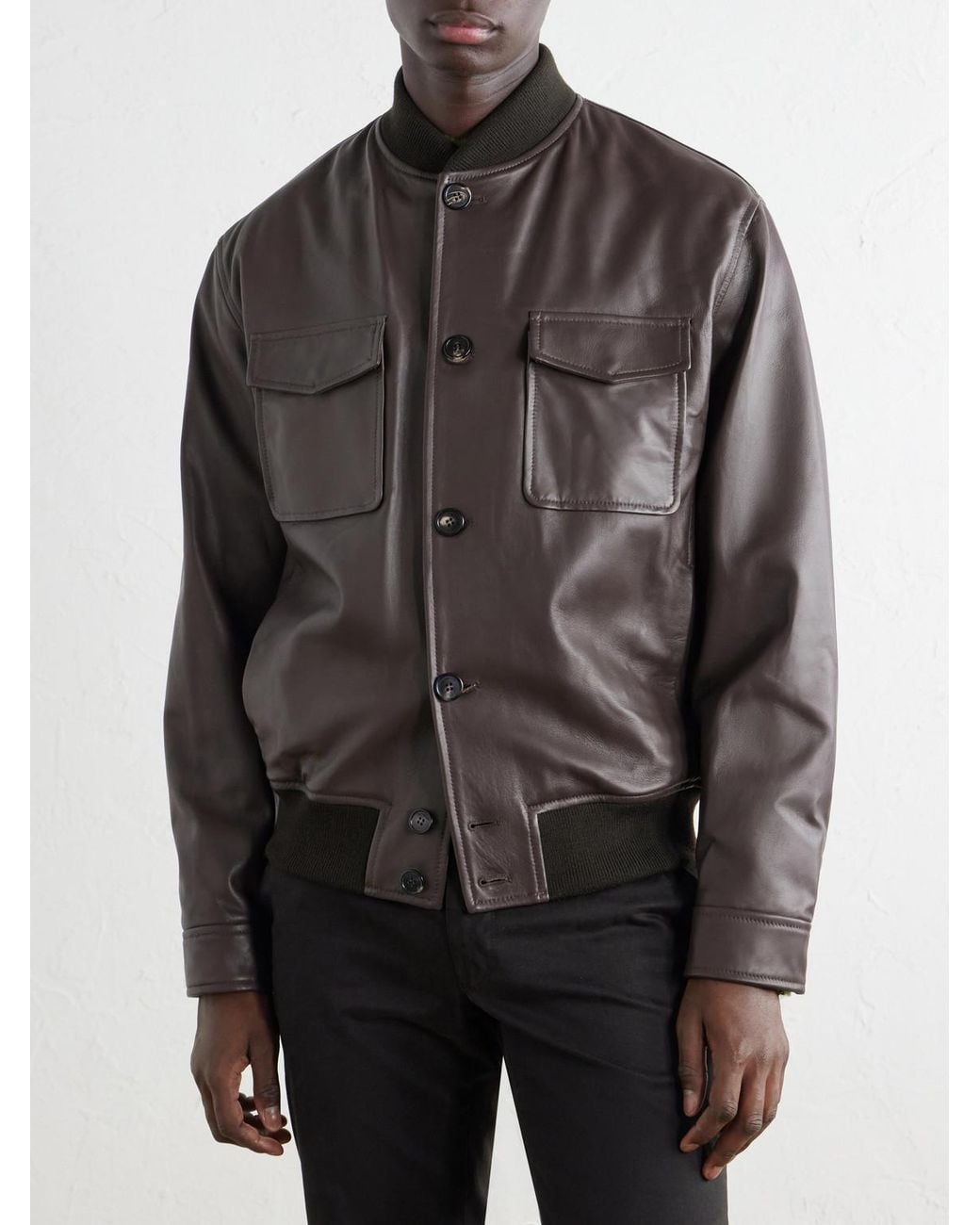 Slowear Black Montedoro Leather Bomber Jacket for men