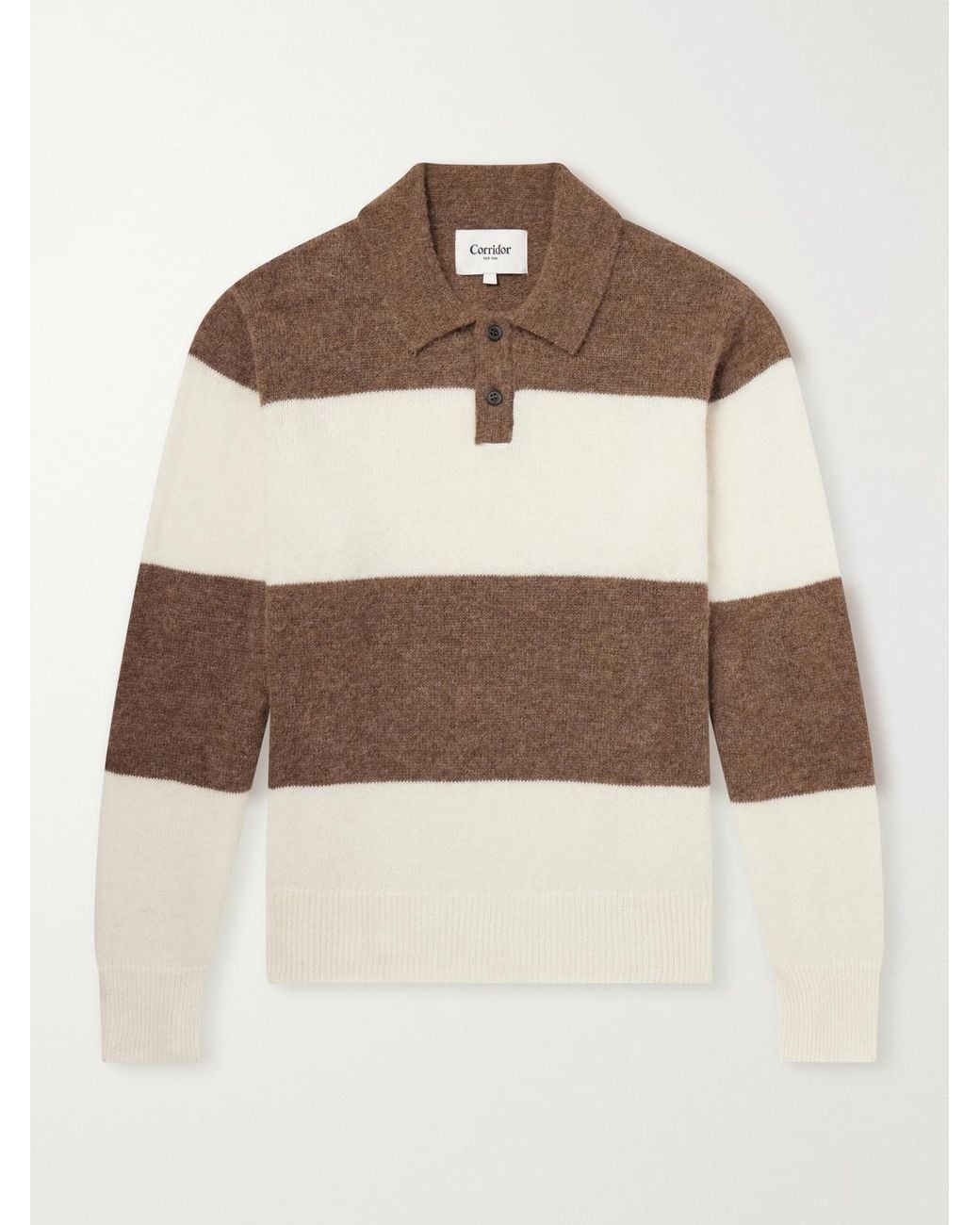 Corridor NYC Natural Striped Woven Brushed Alpaca-Blend Polo Sweater for men