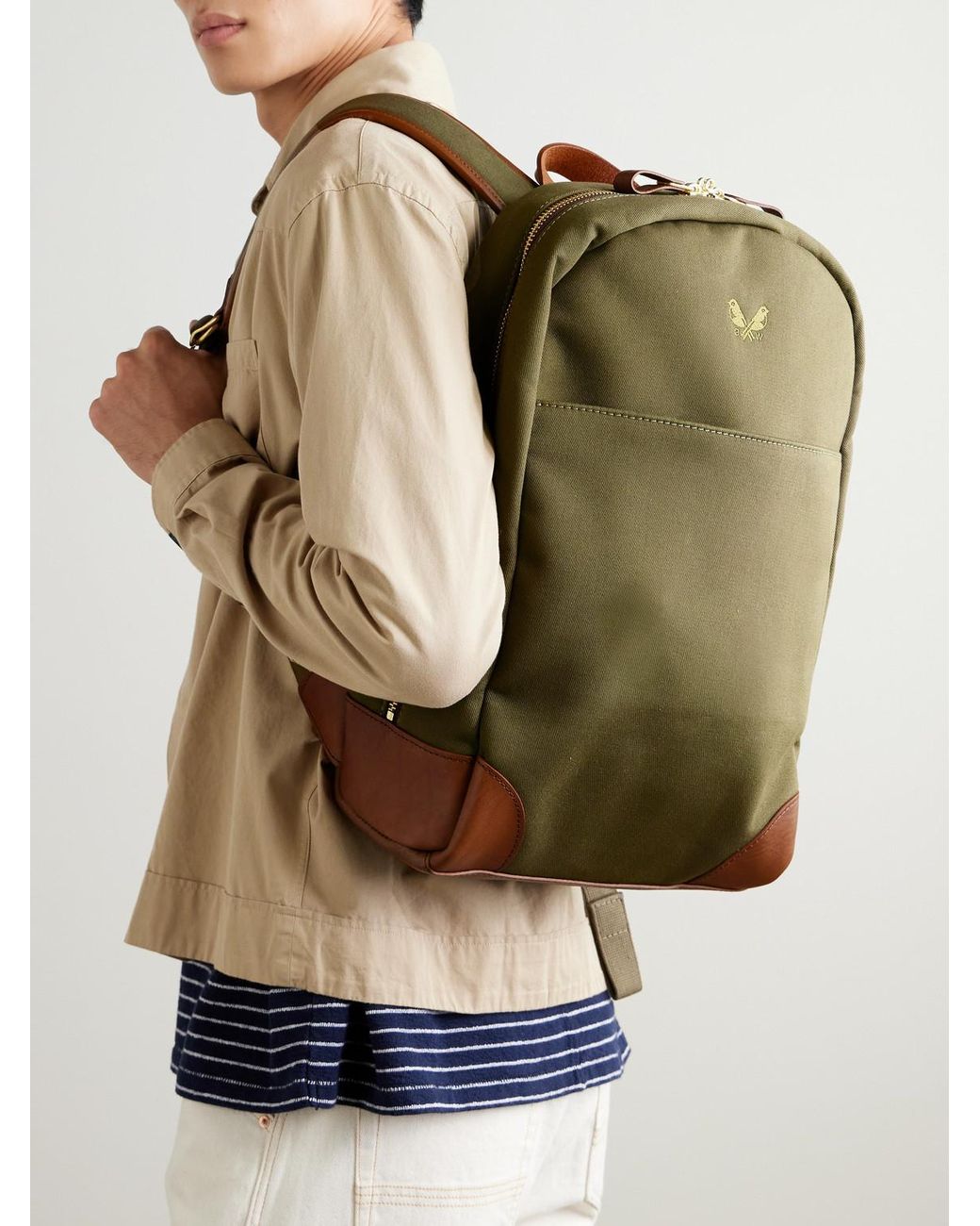 Bennett Winch Green Logo-Embroidered Leather-Trimmed Cotton-Canvas Backpack for men