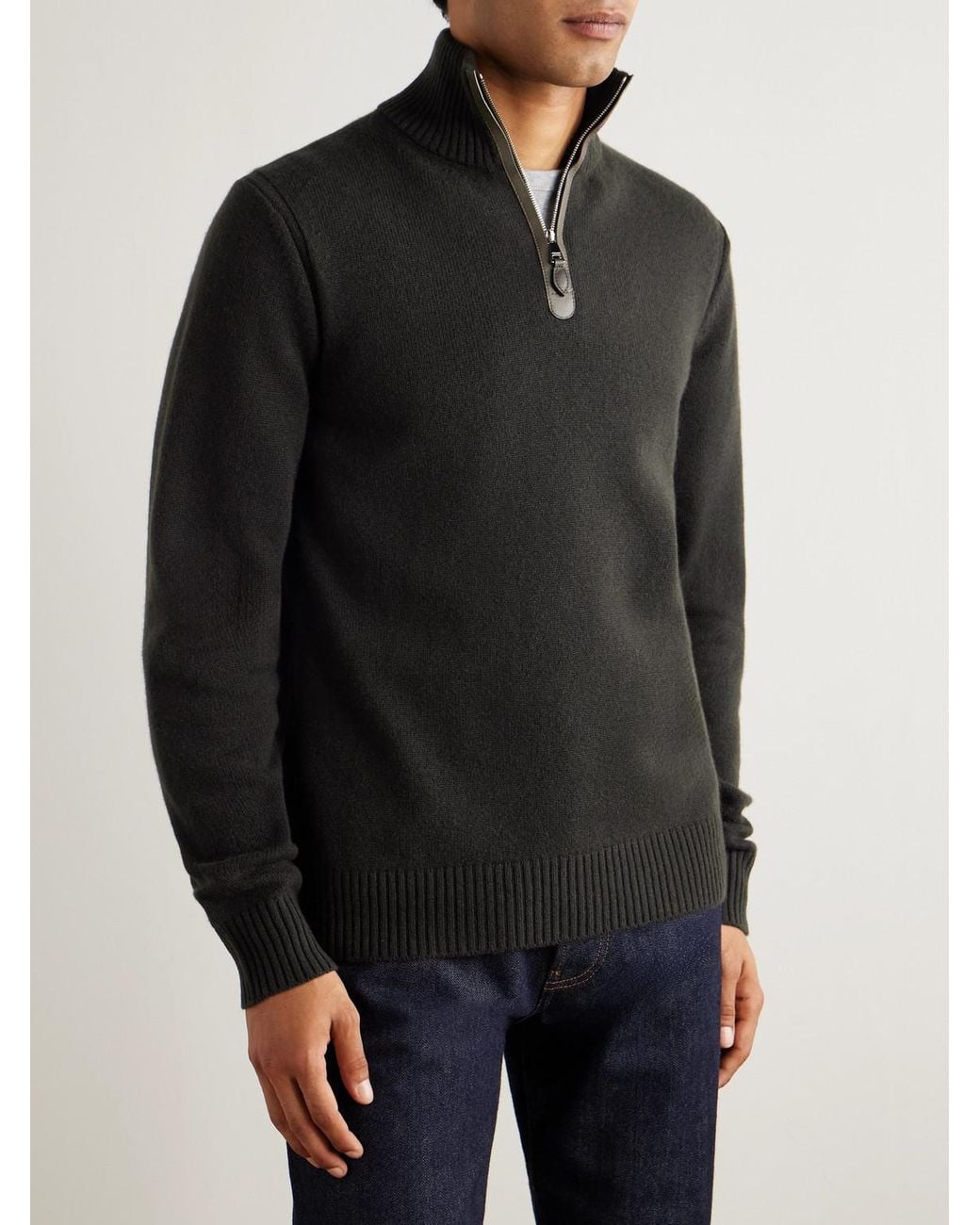 Leather-Trimmed Cashmere Half-Zip Sweater di James Purdey & Sons in Black da Uomo