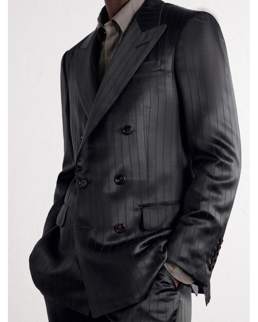 Tom Ford Black Double-Breasted Pinstriped Satin Suit Jacket for men